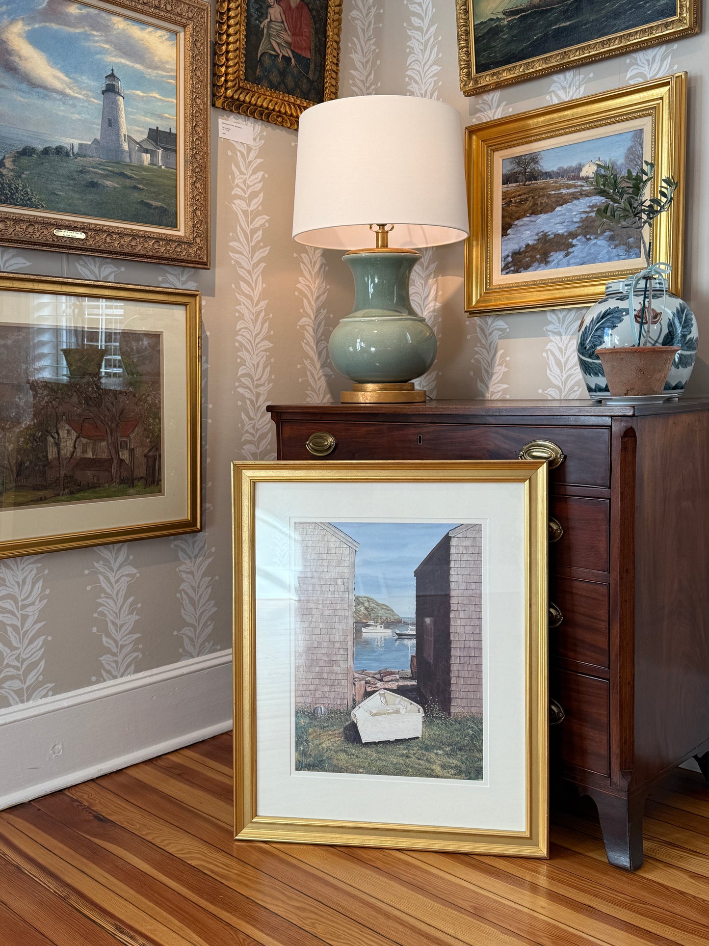 James "Jim" Dean Fish Beach Monhegan Maine Watercolor in Gold Frame