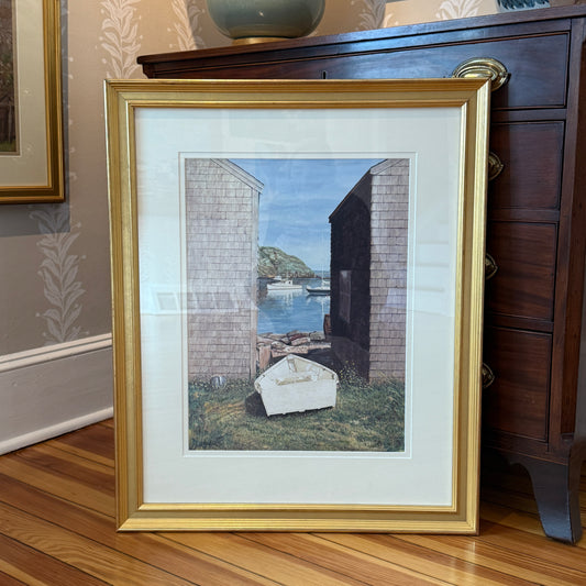 James "Jim" Dean Fish Beach Monhegan Maine Watercolor in Gold Frame