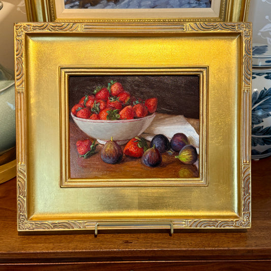 Youqing Wang Strawberries and Figs in Pottery Bowl Still Life Oil Painting in Gold Frame