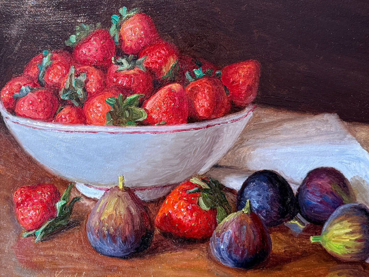 Youqing Wang Strawberries and Figs in Pottery Bowl Still Life Oil Painting in Gold Frame