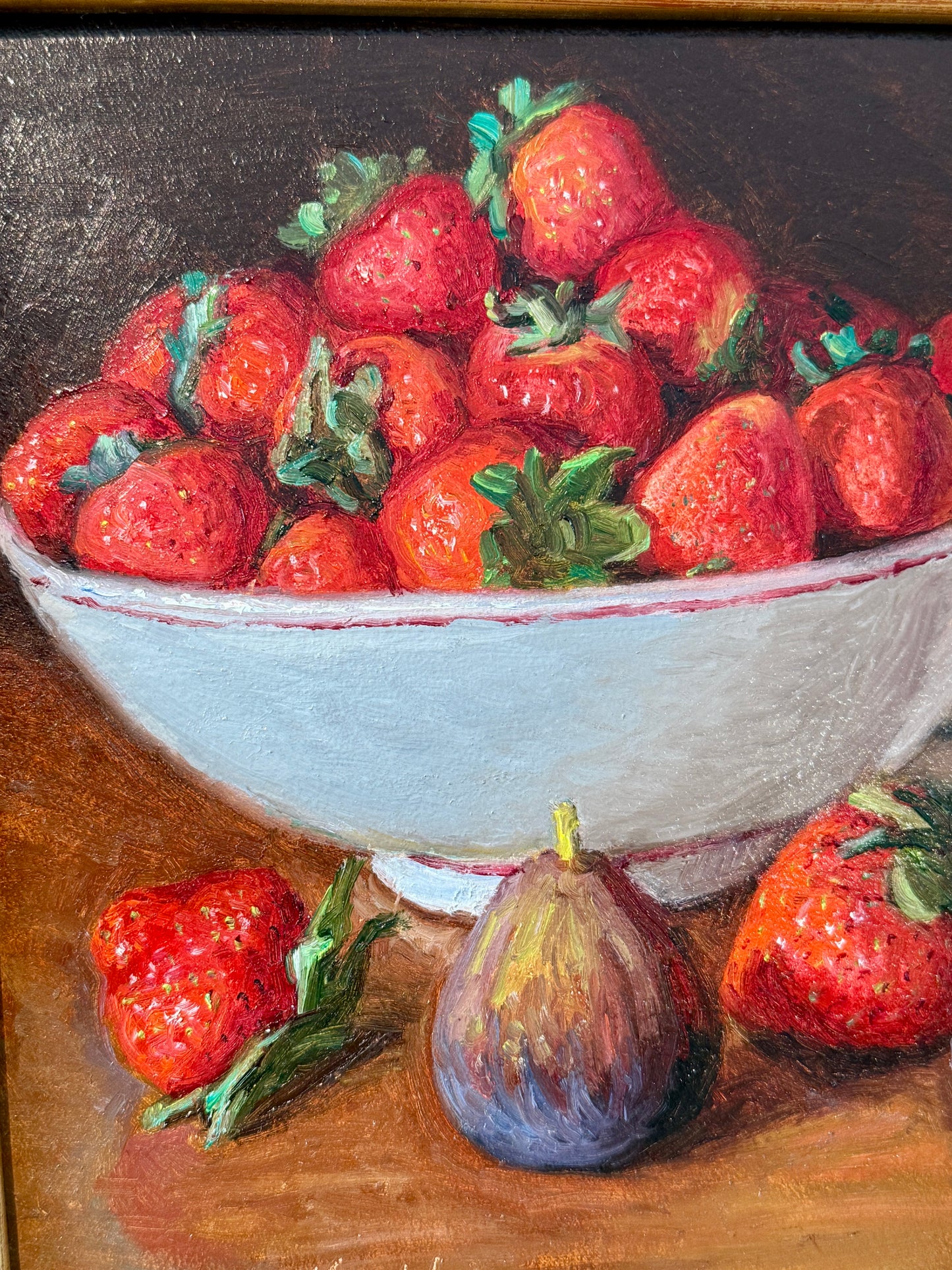 Youqing Wang Strawberries and Figs in Pottery Bowl Still Life Oil Painting in Gold Frame
