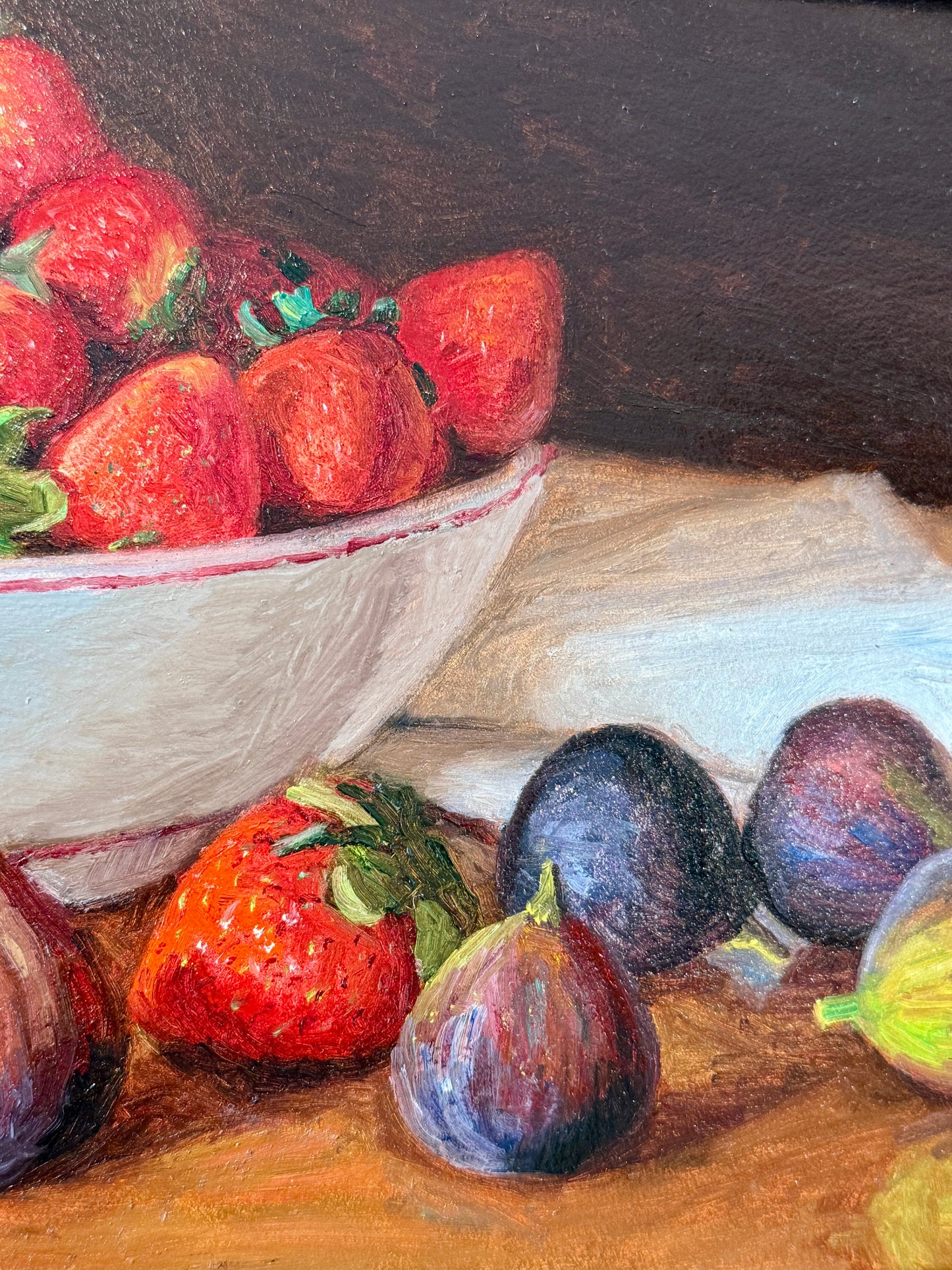 Youqing Wang Strawberries and Figs in Pottery Bowl Still Life Oil Painting in Gold Frame