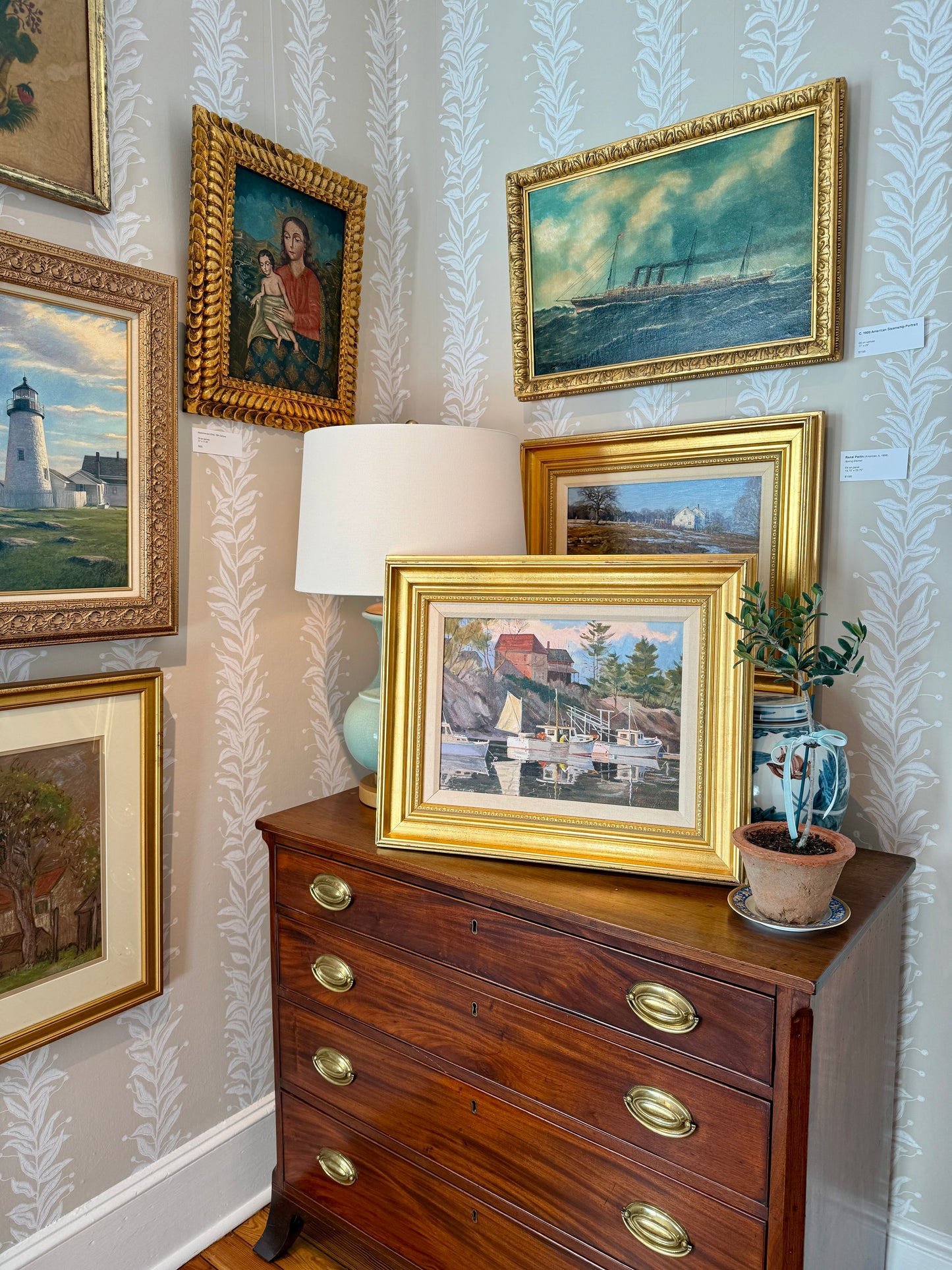 Frederick Kubitz Lobster Boat Cozy Harbor Maine Oil Painting in Gold Frame