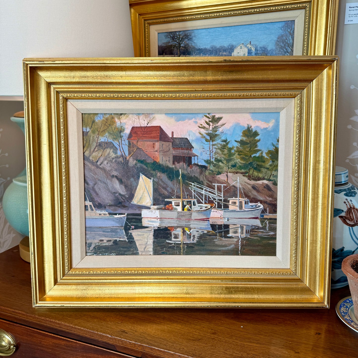 Frederick Kubitz Lobster Boat Cozy Harbor Maine Oil Painting in Gold Frame
