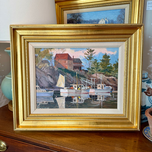 Frederick Kubitz Lobster Boat Cozy Harbor Maine Oil Painting in Gold Frame