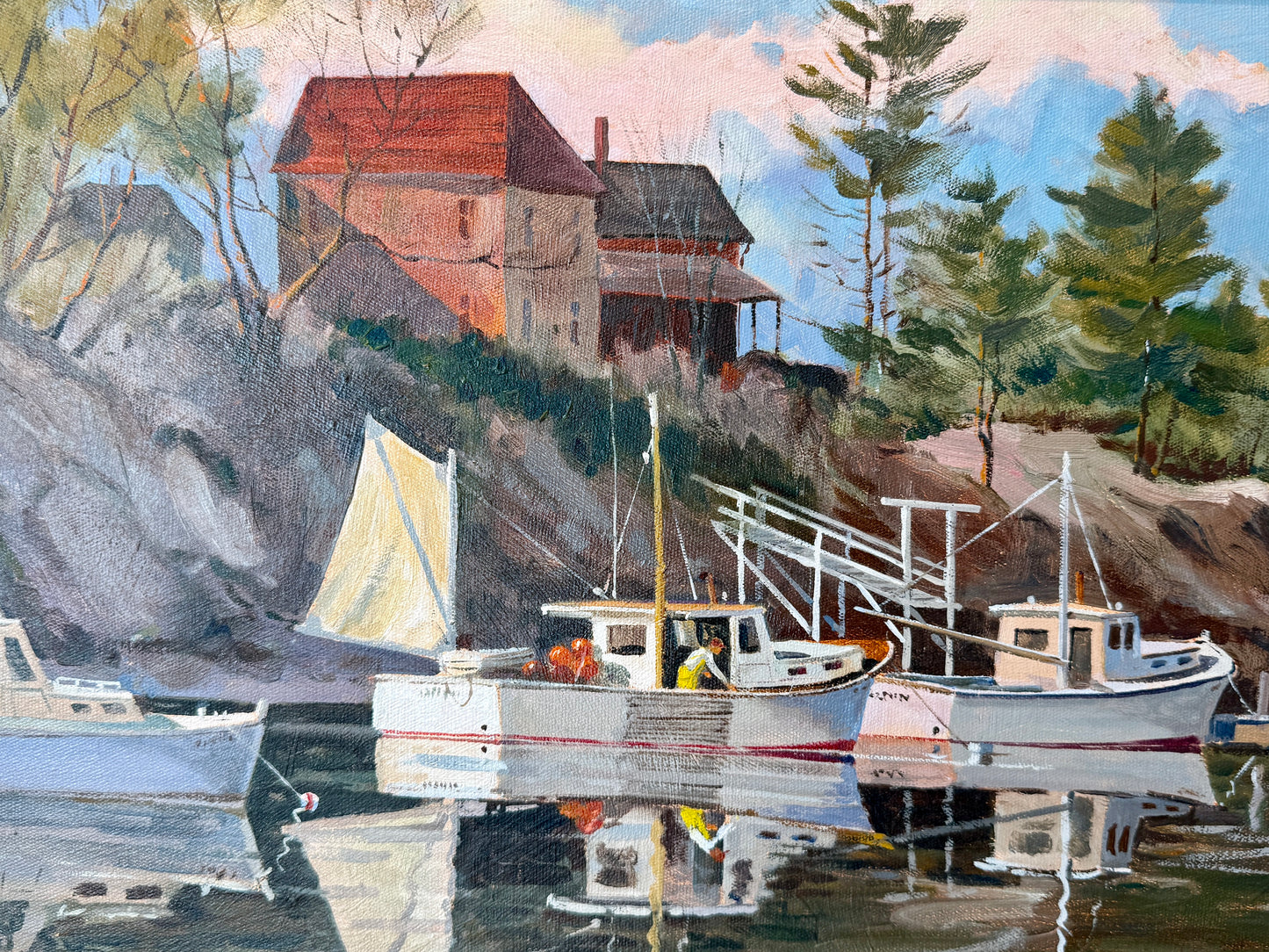 Frederick Kubitz Lobster Boat Cozy Harbor Maine Oil Painting in Gold Frame