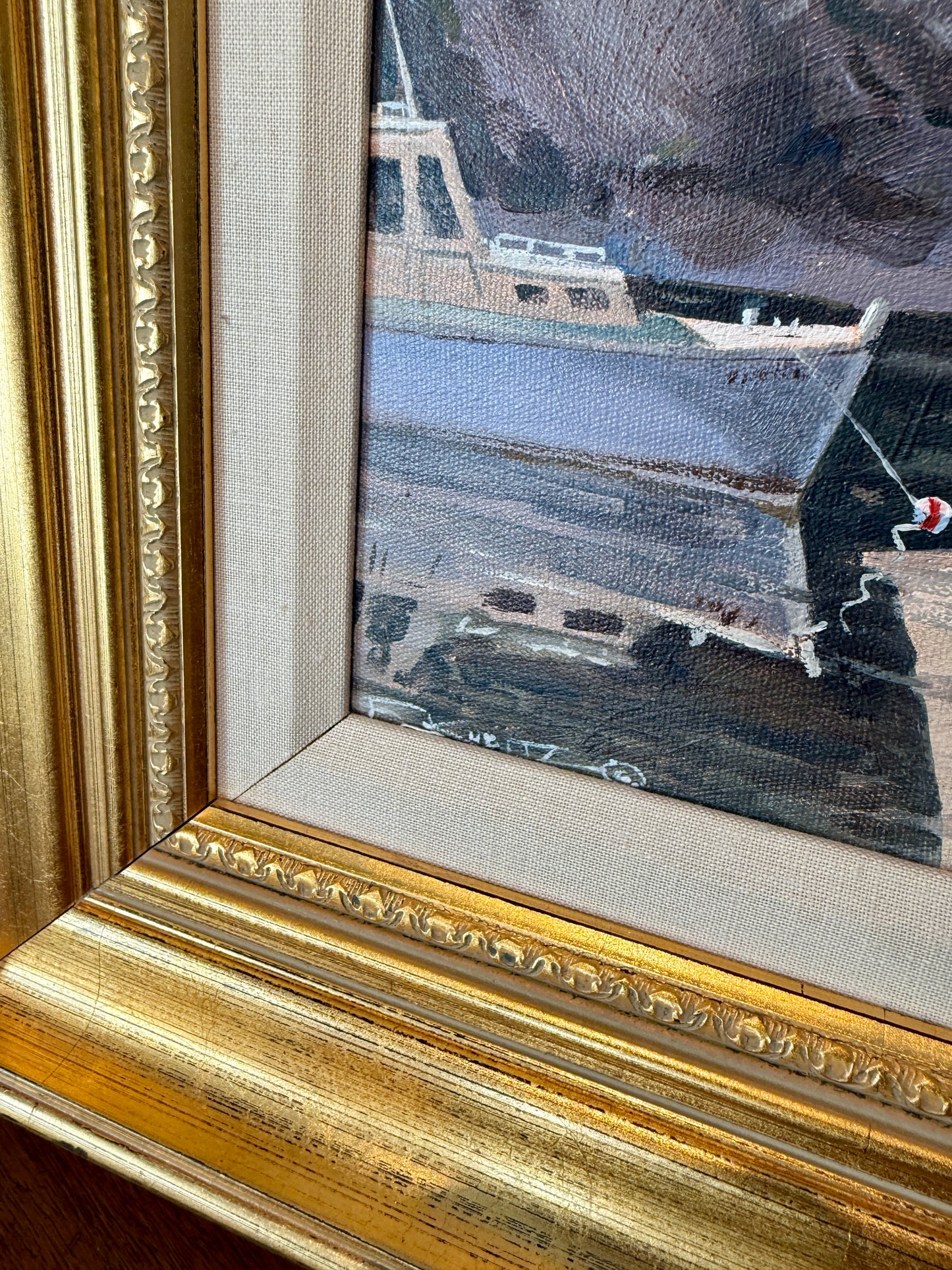 Frederick Kubitz Lobster Boat Cozy Harbor Maine Oil Painting in Gold Frame