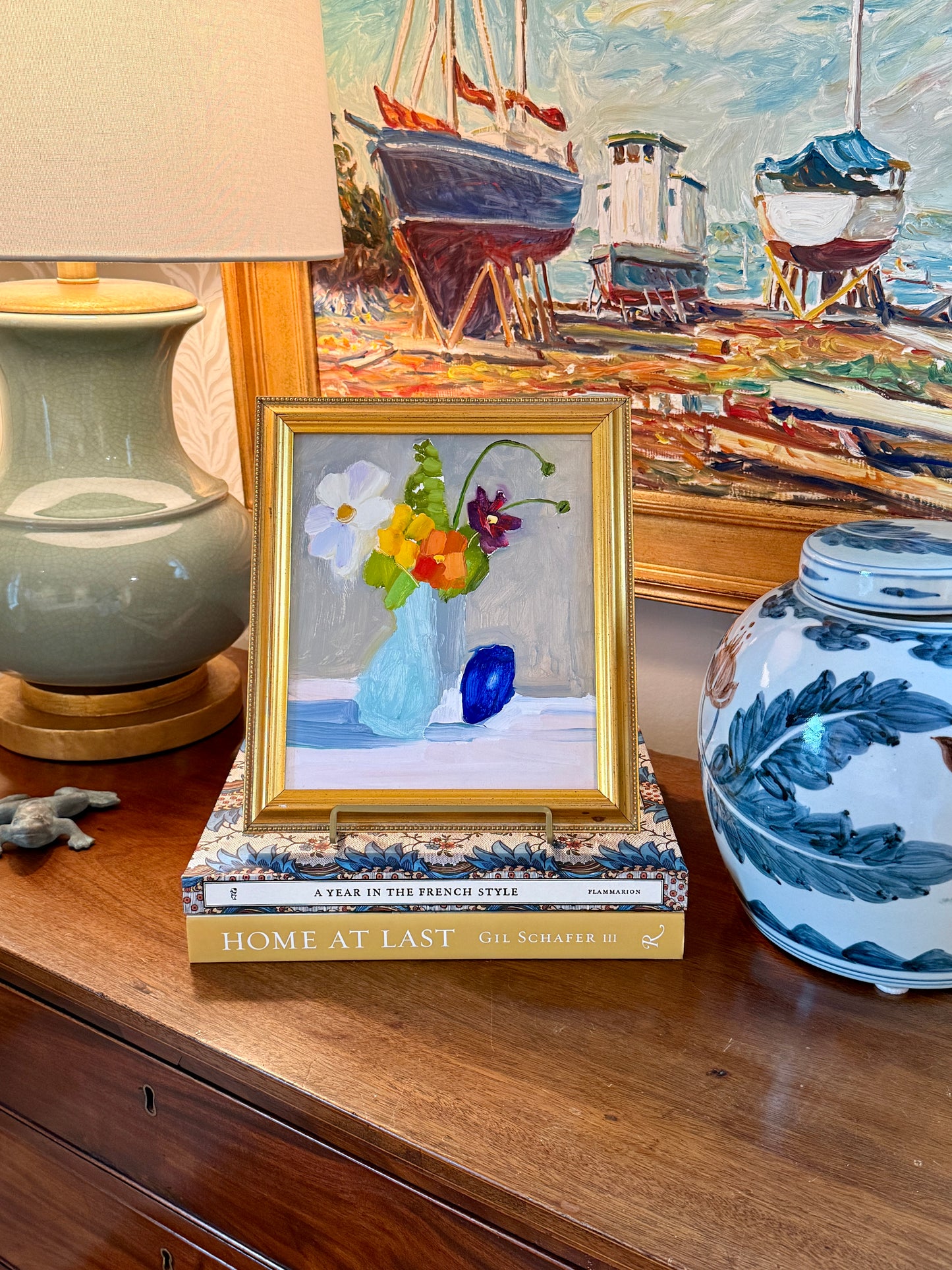 Gretchen McGinnis Full Sun Still Life Floral Oil Painting in Gold Frame