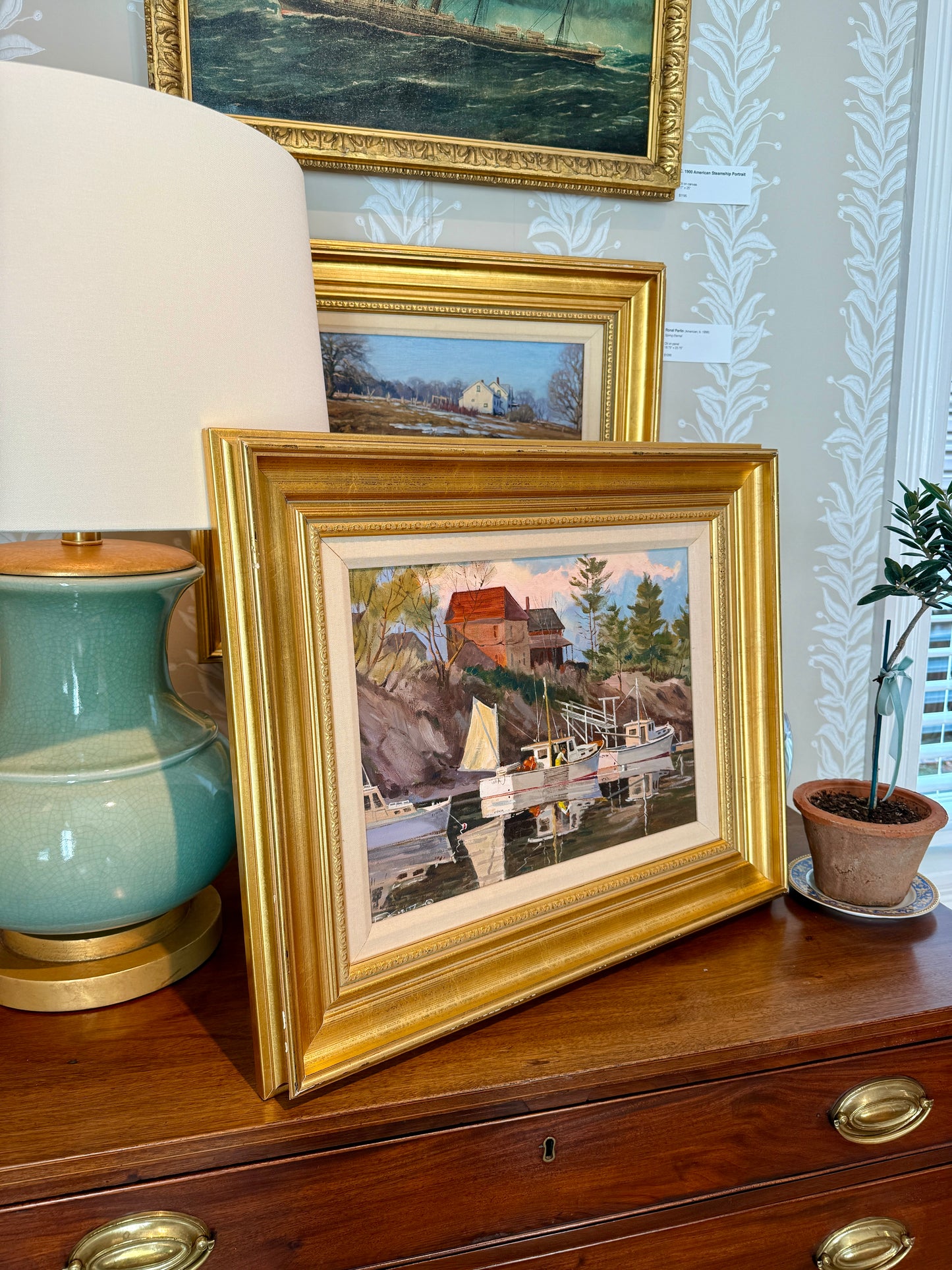 Frederick Kubitz Lobster Boat Cozy Harbor Maine Oil Painting in Gold Frame