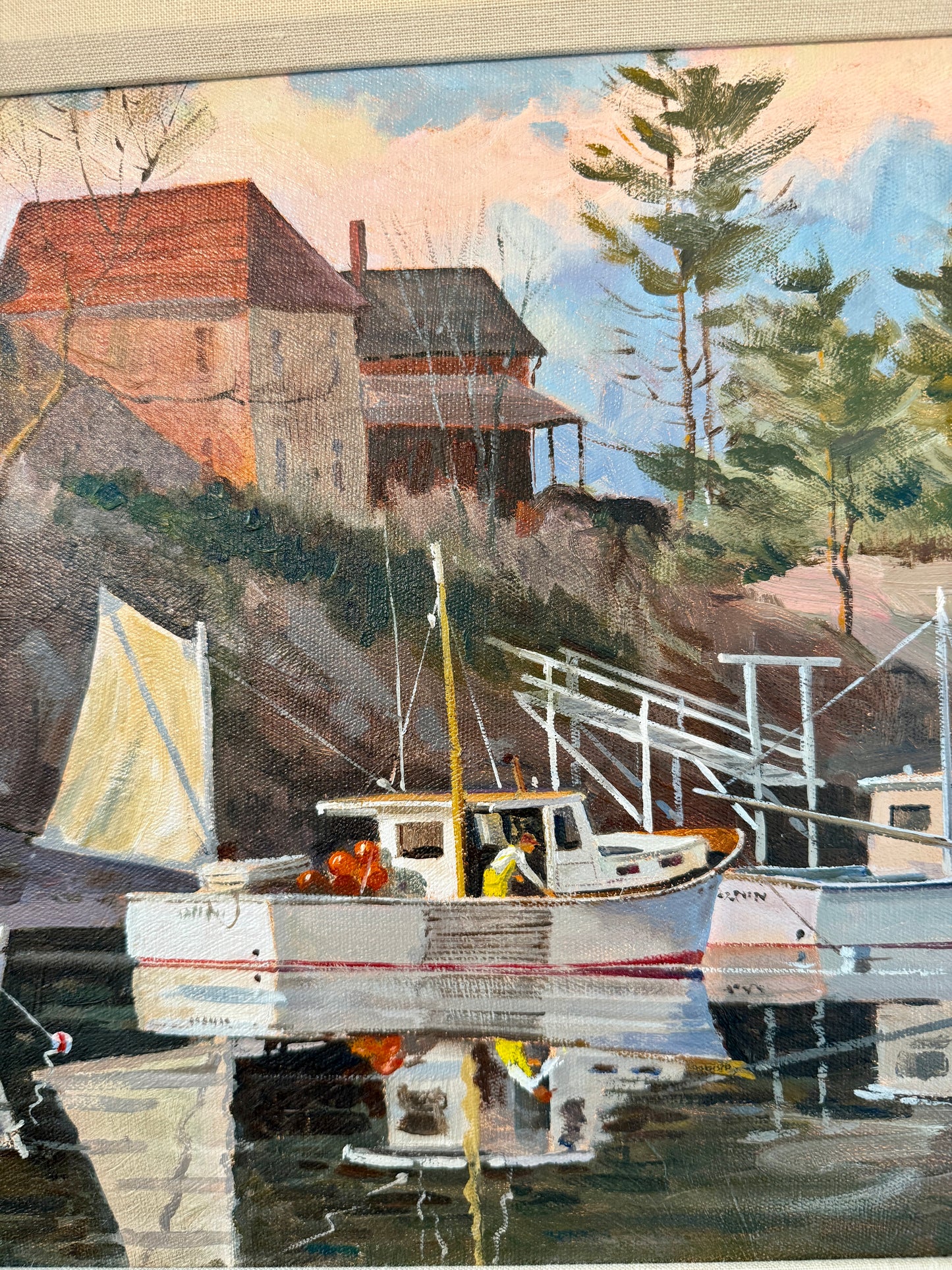 Frederick Kubitz Lobster Boat Cozy Harbor Maine Oil Painting in Gold Frame