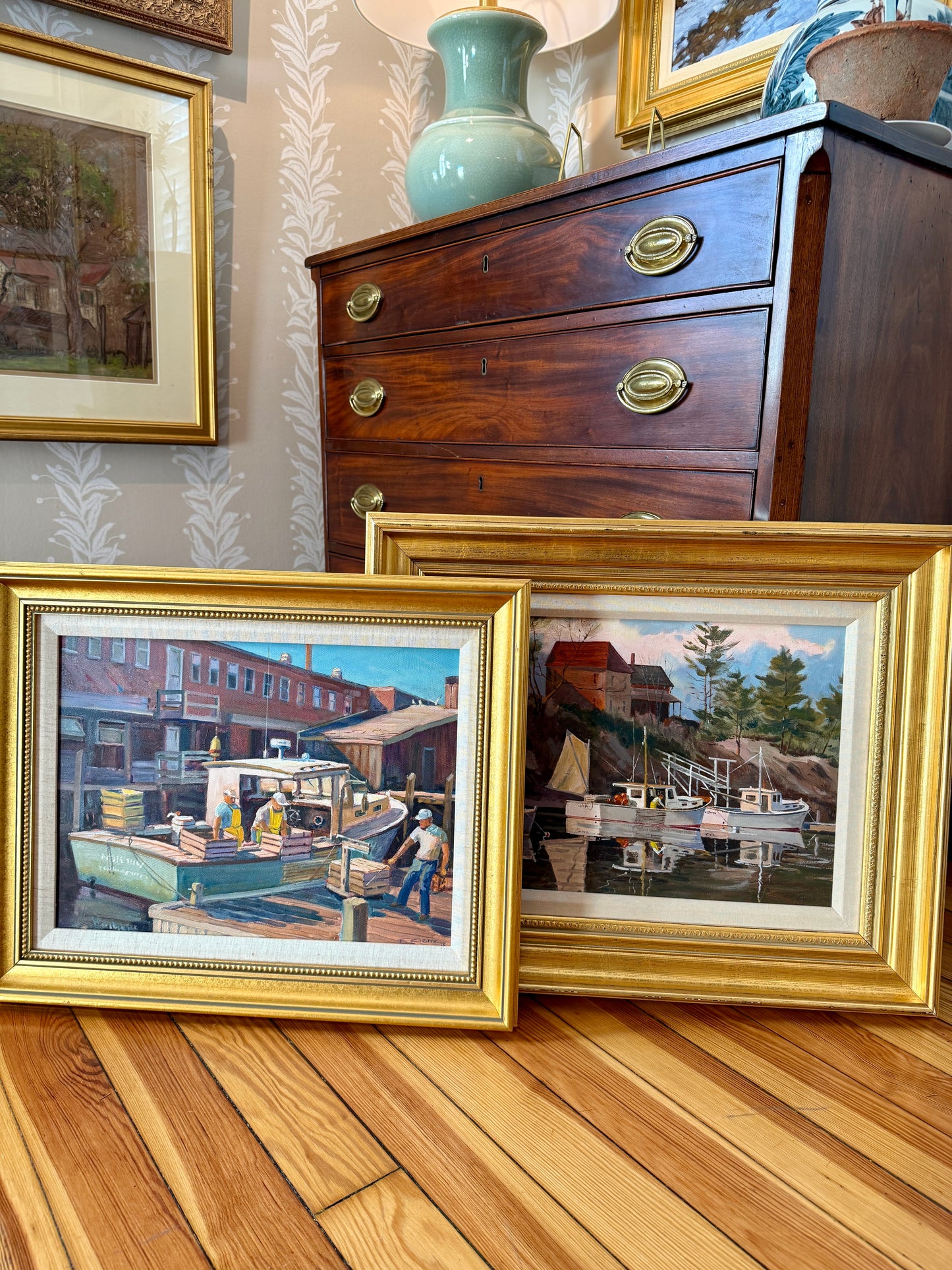 Frederick Kubitz Lobster Boat Cozy Harbor Maine Oil Painting in Gold Frame