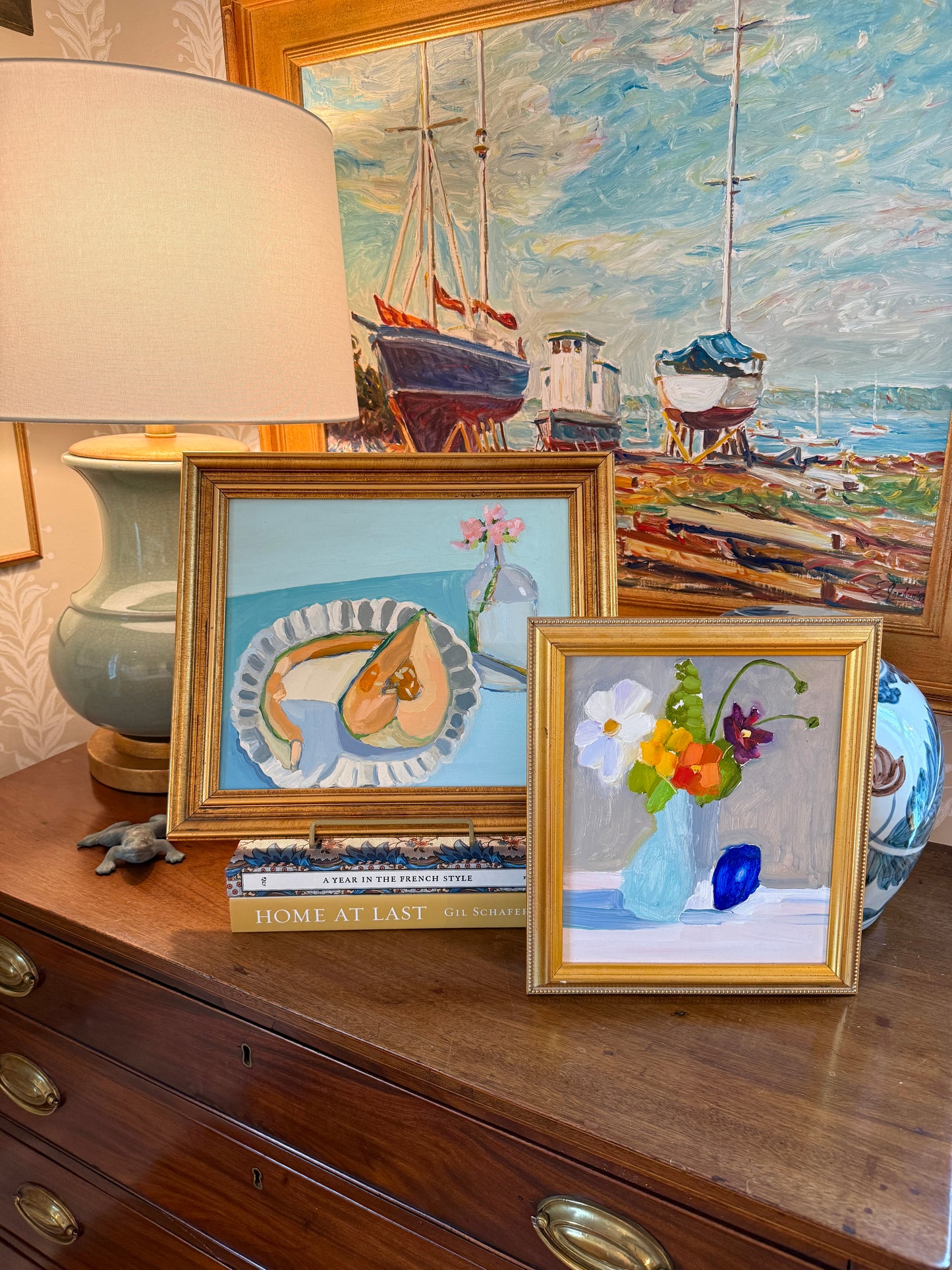 Gretchen McGinnis Full Sun Still Life Floral Oil Painting in Gold Frame