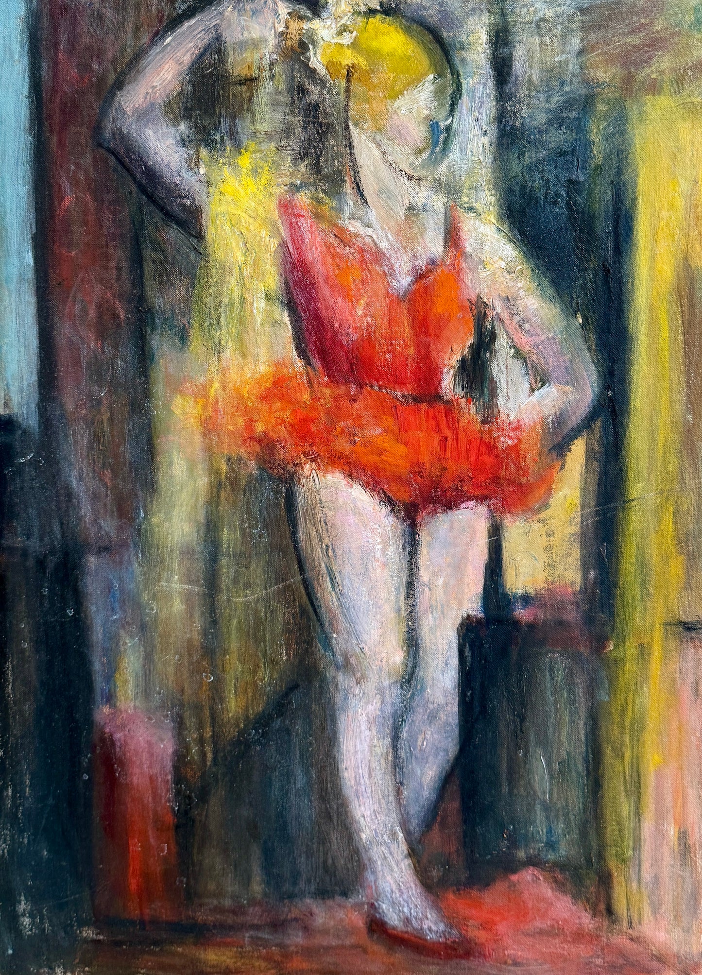 Mid Century Expressionist Ballet Dancer Portrait Oil Painting in Gold Frame