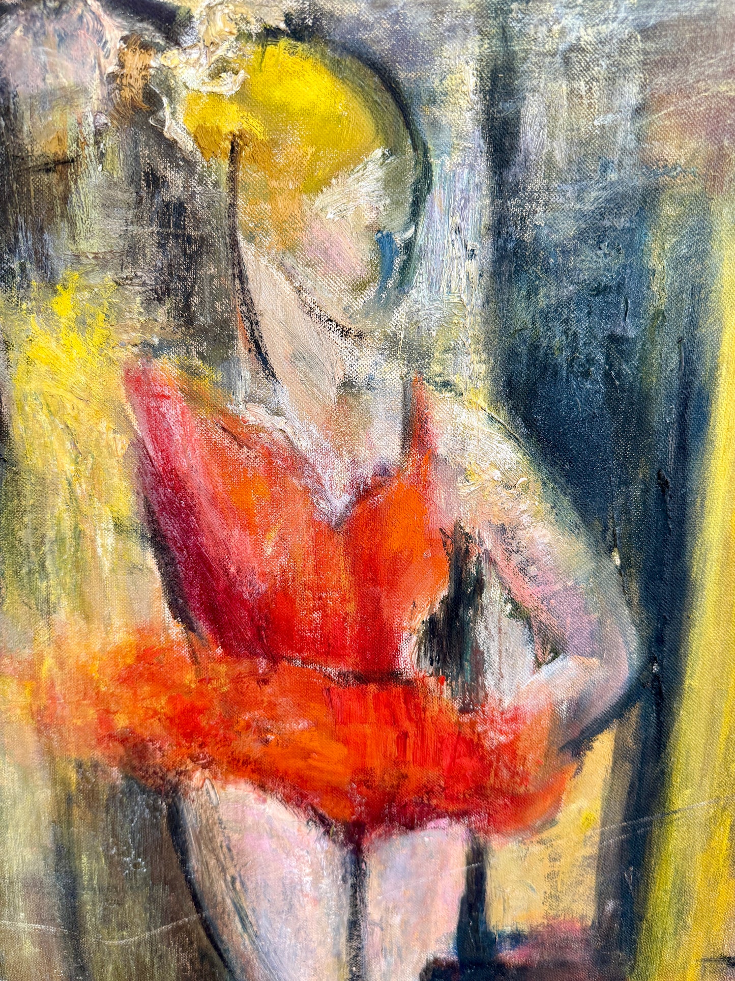 Mid Century Expressionist Ballet Dancer Portrait Oil Painting in Gold Frame