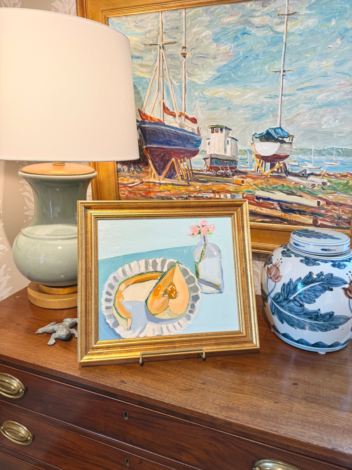 Gretchen McGinnis Breakfast in Bed Still Life Oil Painting in Gold Frame
