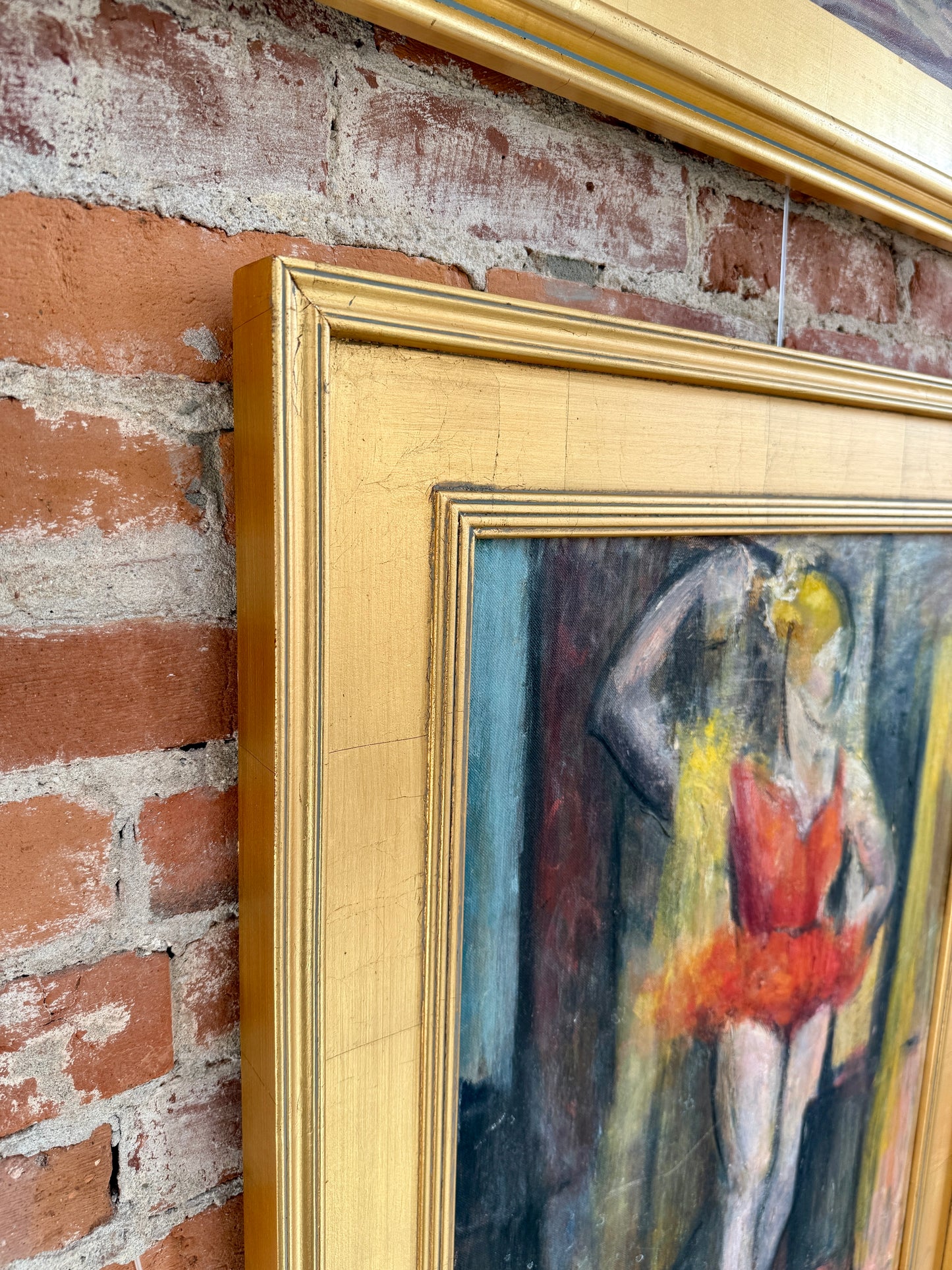 Mid Century Expressionist Ballet Dancer Portrait Oil Painting in Gold Frame