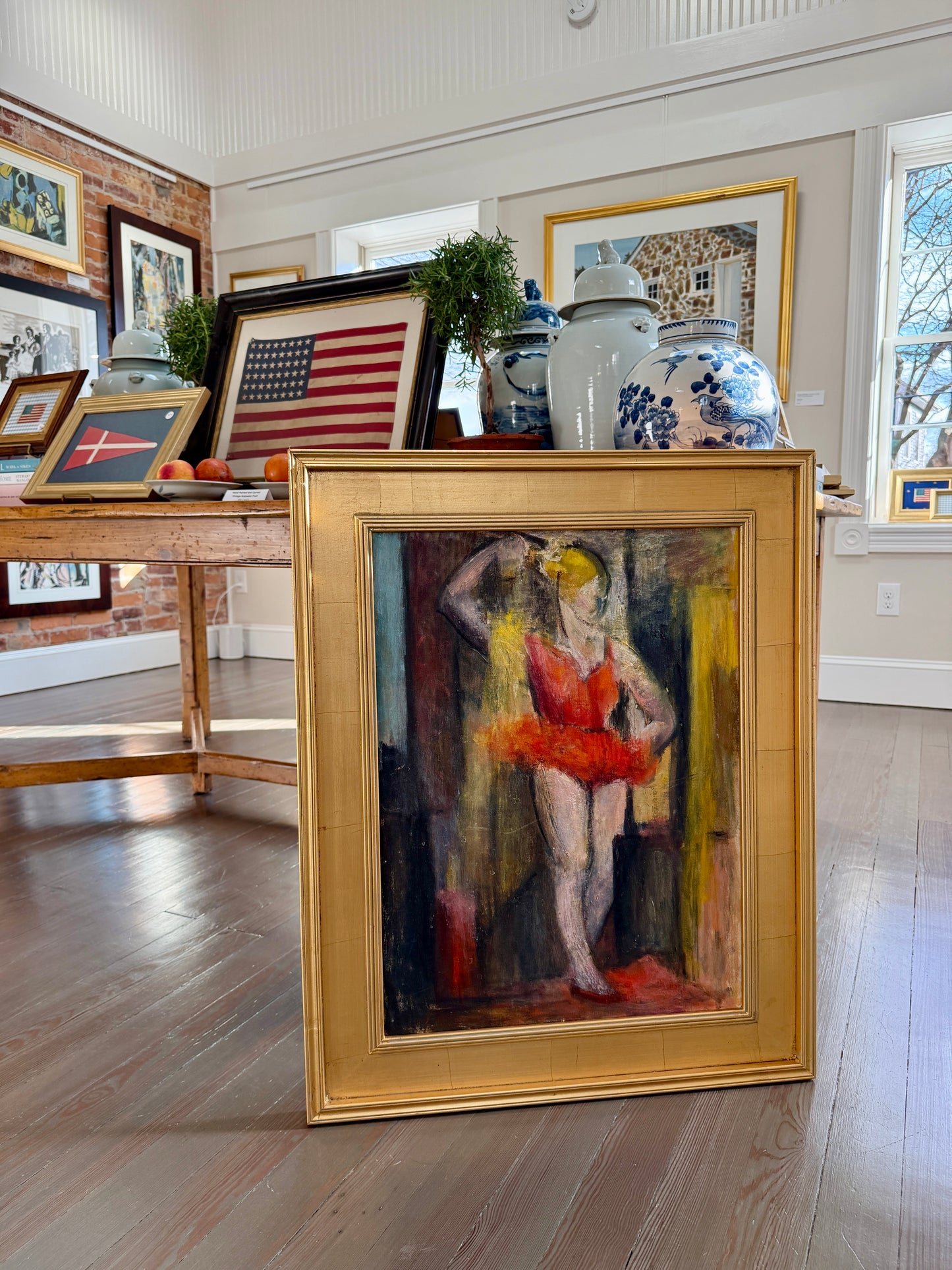 Mid Century Expressionist Ballet Dancer Portrait Oil Painting in Gold Frame