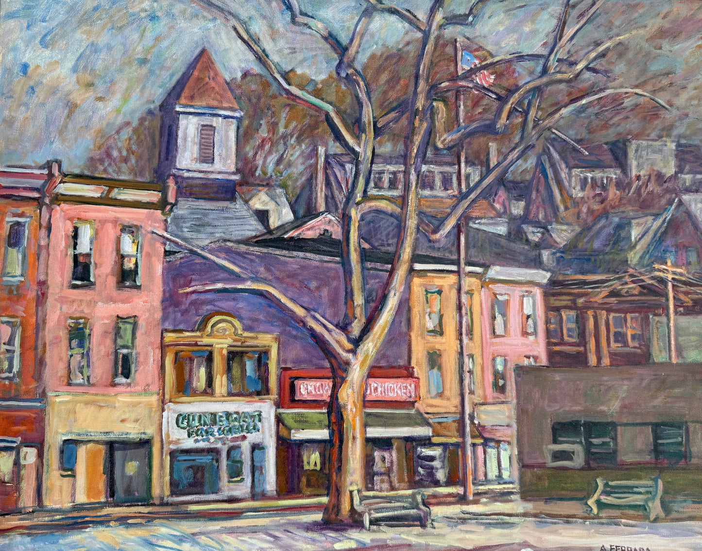 Anthony Ferrara Crown Fried Chicken, Philadelphia, PA Cityscape Oil Painting in Gold Frame