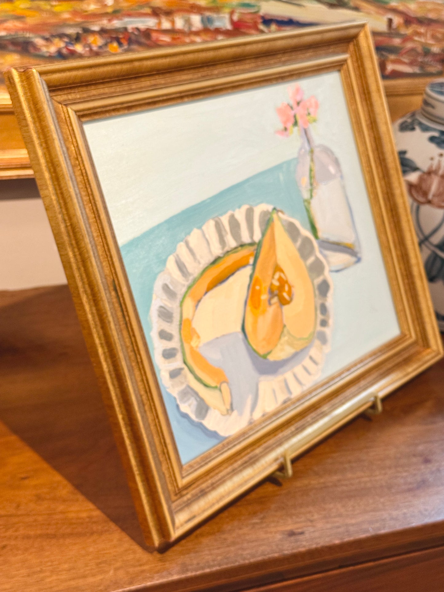 Gretchen McGinnis Breakfast in Bed Still Life Oil Painting in Gold Frame