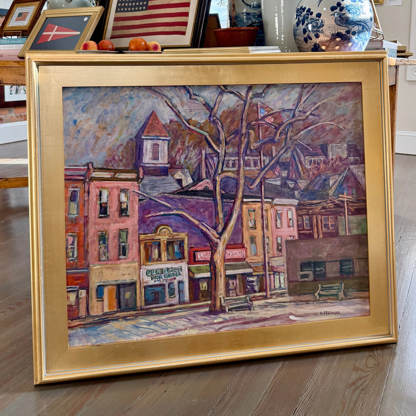 Anthony Ferrara Crown Fried Chicken, Philadelphia, PA Cityscape Oil Painting in Gold Frame