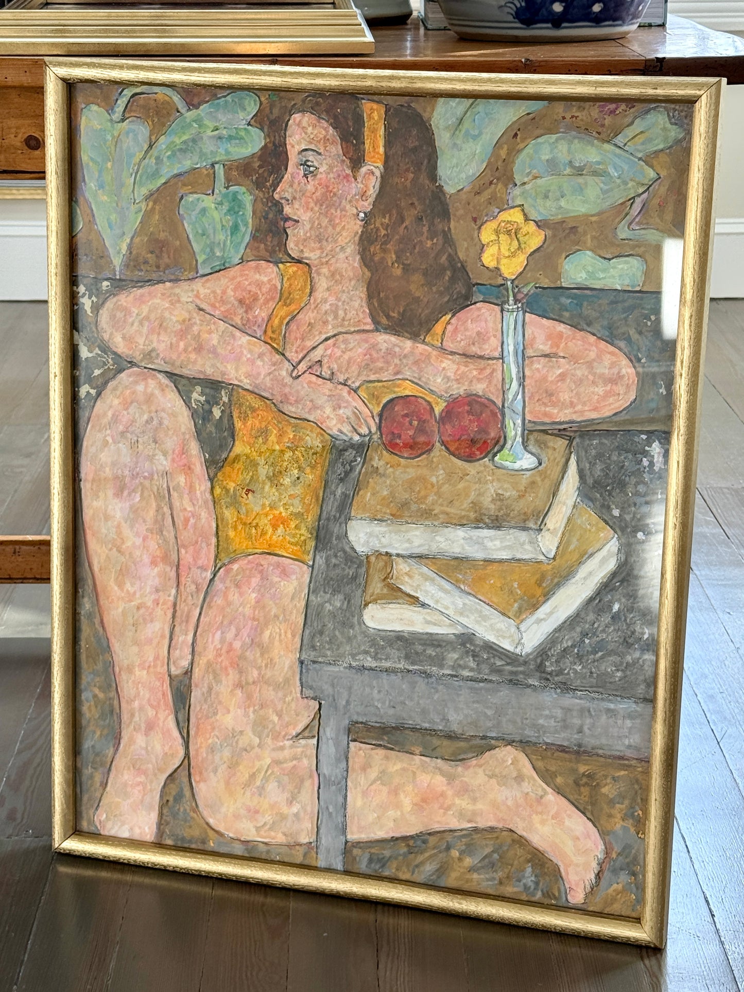Robert Lee Finch Portrait of Young Woman in Yellow with Apples and Daffodil Oil Painting in Gold Frame
