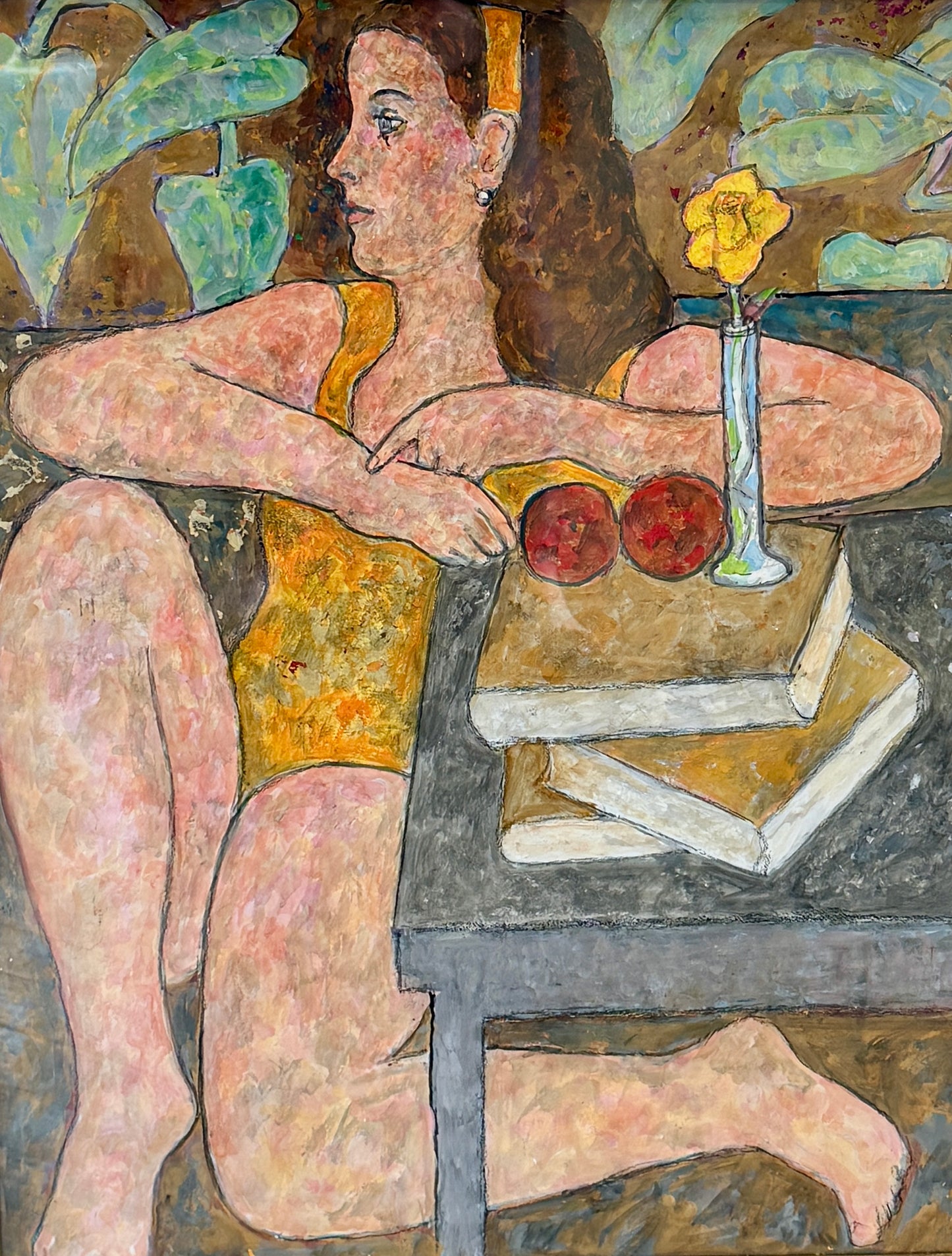 Robert Lee Finch Portrait of Young Woman in Yellow with Apples and Daffodil Oil Painting in Gold Frame