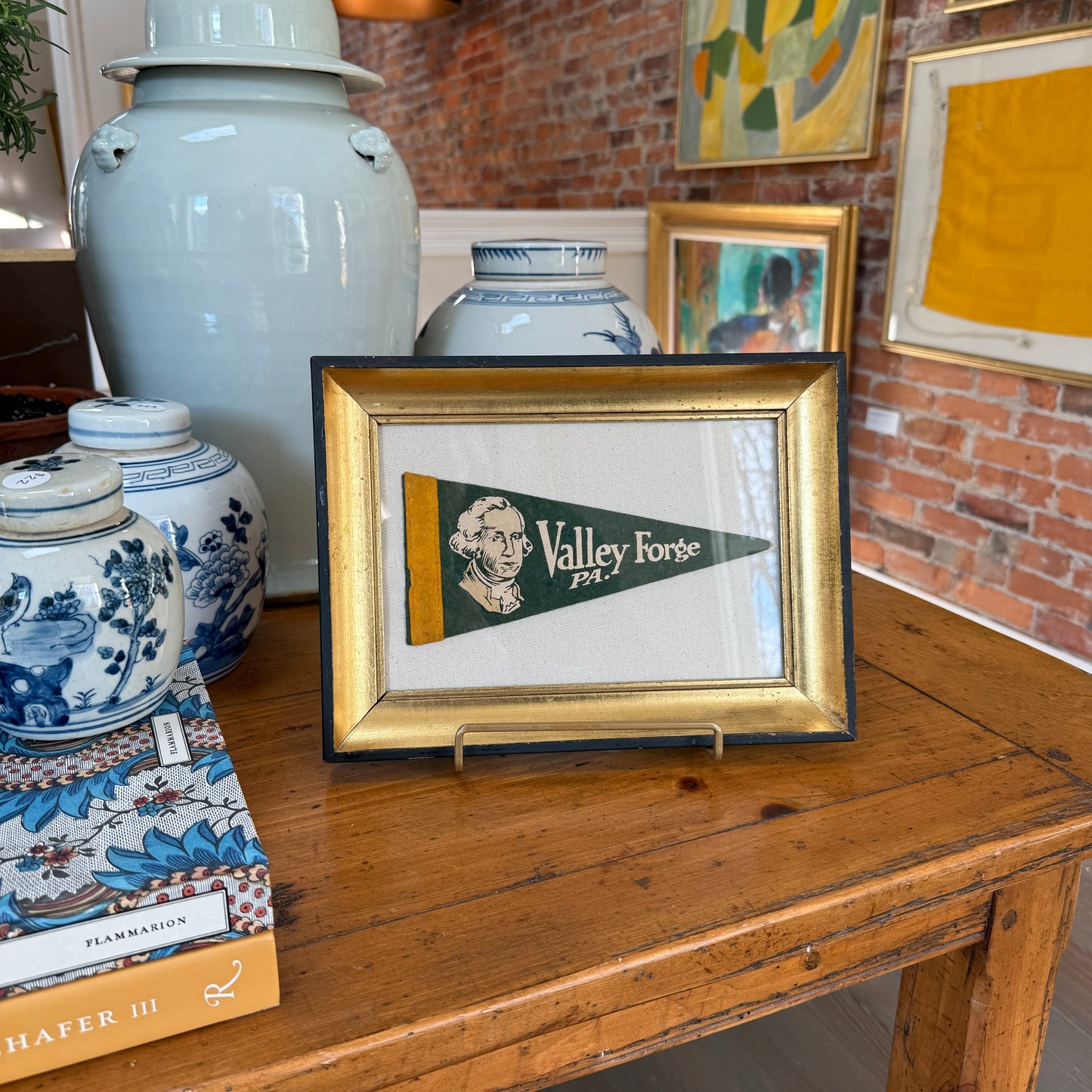 Vintage Valley Forge Pennsylvania George Washington Felt Pennant in Gold Frame
