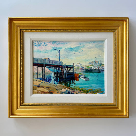 Knox Everson New England Harborscape View from Under the Pier Oil Painting in Gold Frame