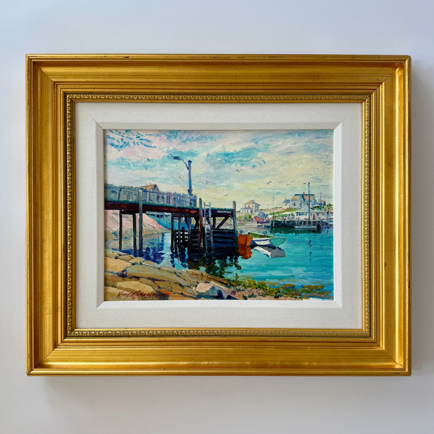 Knox Everson New England Harborscape View from Under the Pier Oil Painting in Gold Frame