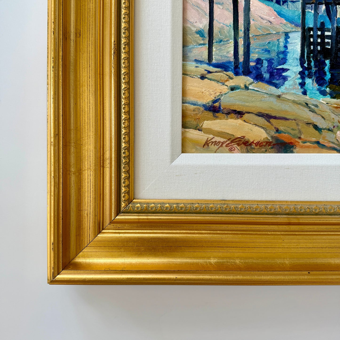 Knox Everson New England Harborscape View from Under the Pier Oil Painting in Gold Frame