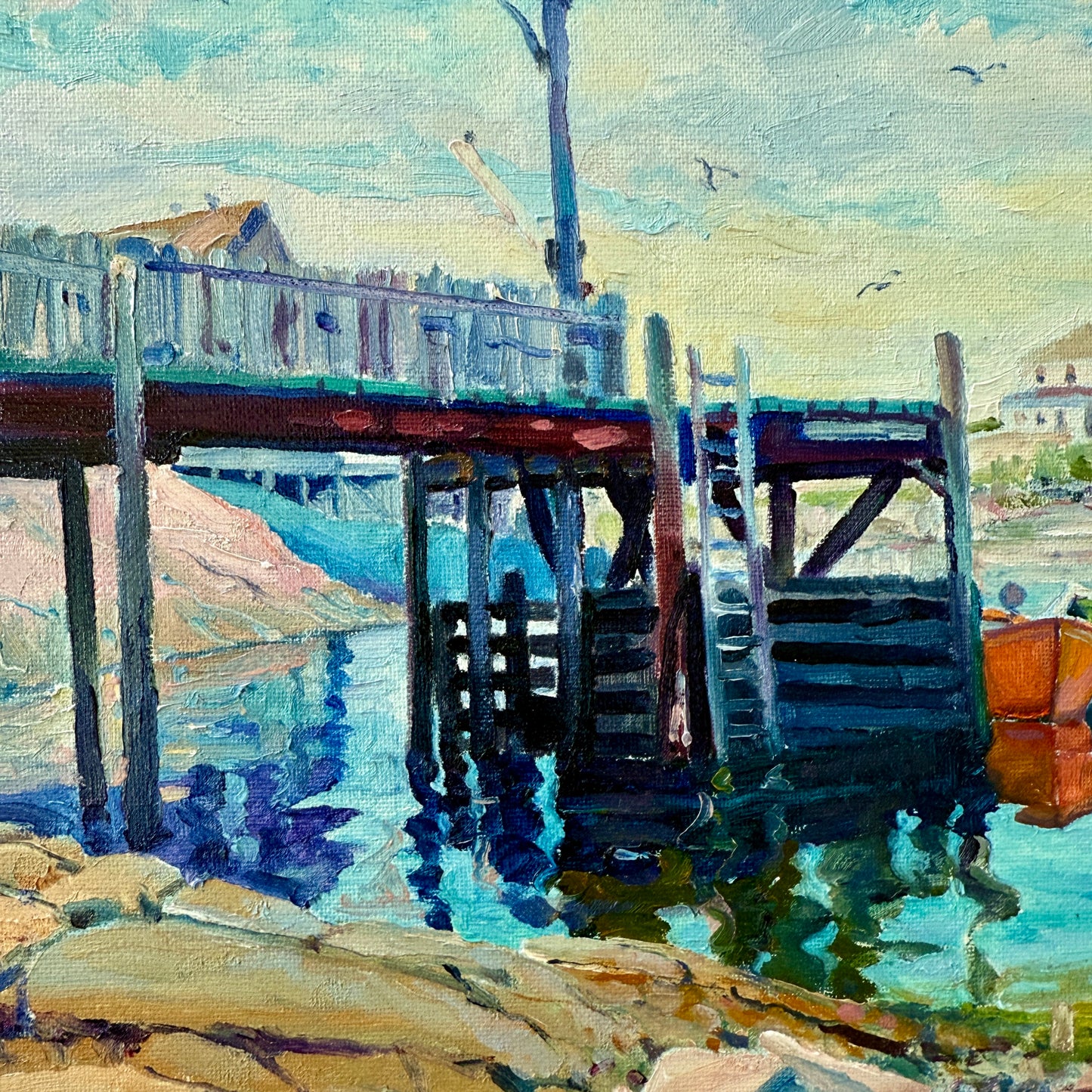 Knox Everson New England Harborscape View from Under the Pier Oil Painting in Gold Frame