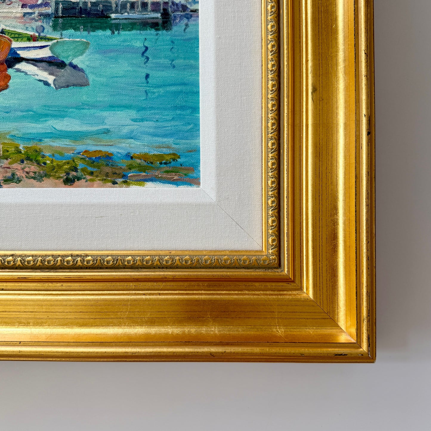 Knox Everson New England Harborscape View from Under the Pier Oil Painting in Gold Frame