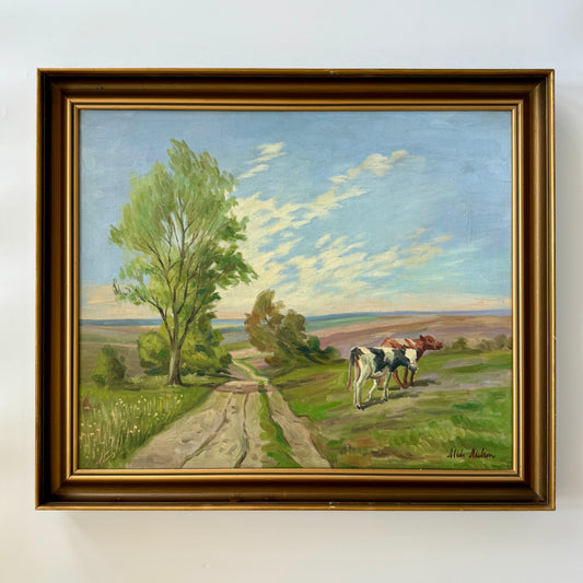 Vintage Large Impressionist Summer Landscape Oil Painting With Cows in Gold Frame