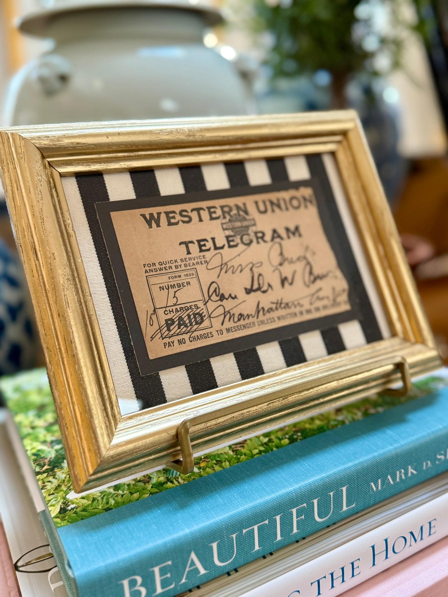 1915 Western Union Telegram on Black White Stripes in Gold Frame