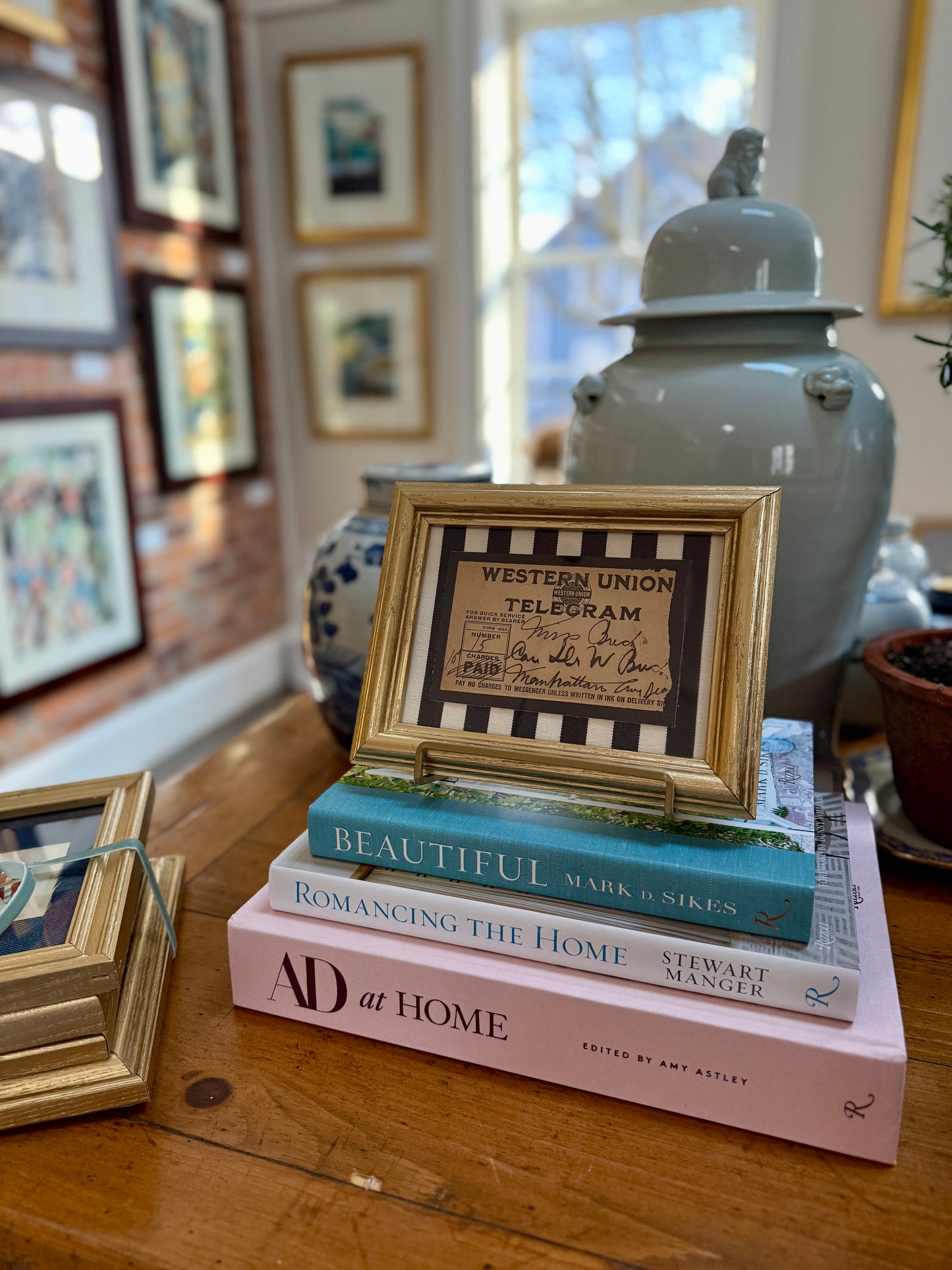 1915 Western Union Telegram on Black White Stripes in Gold Frame