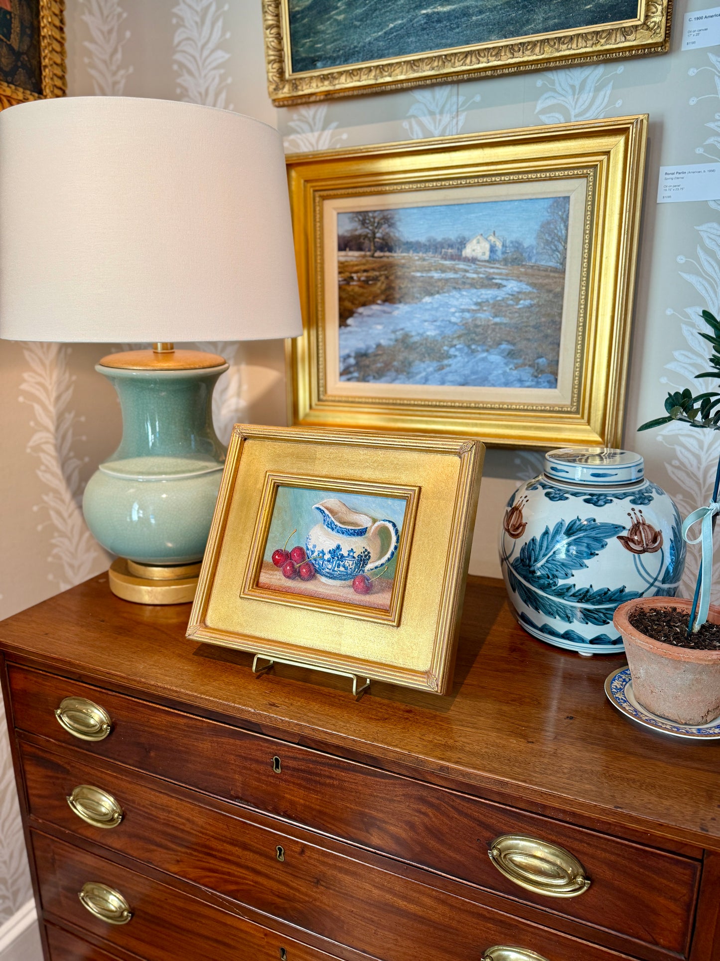 Youqing Wang Red Cherries with Blue and White Pitcher Still Life Oil Painting in Gold Frame