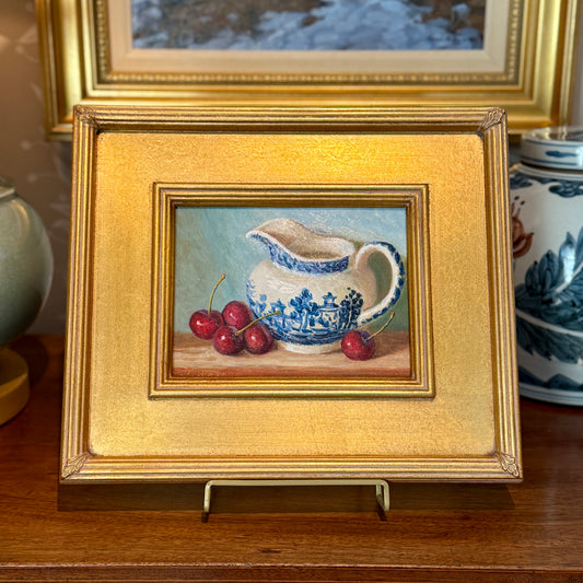 Youqing Wang Red Cherries with Blue and White Pitcher Still Life Oil Painting in Gold Frame