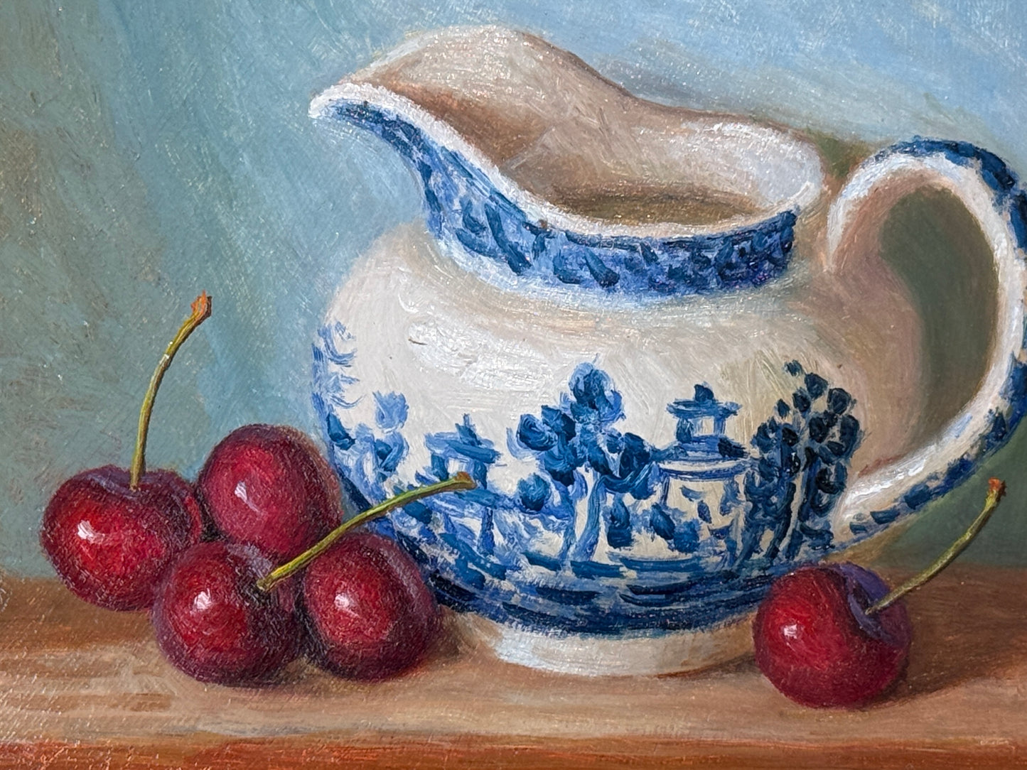 Youqing Wang Red Cherries with Blue and White Pitcher Still Life Oil Painting in Gold Frame