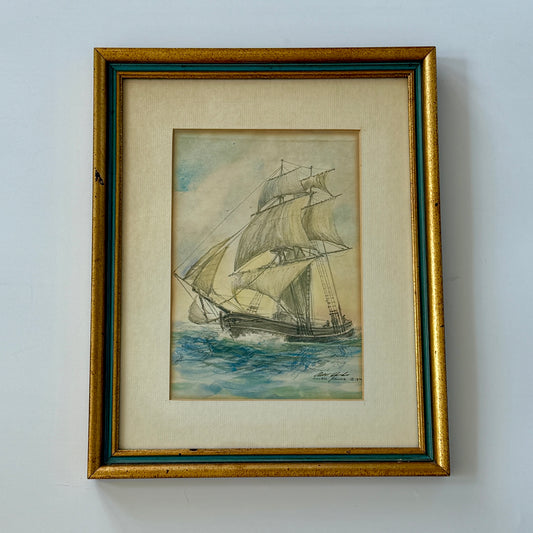 1974 Allen Hawks American Ship Portrait Watercolor Painting in Gold Frame