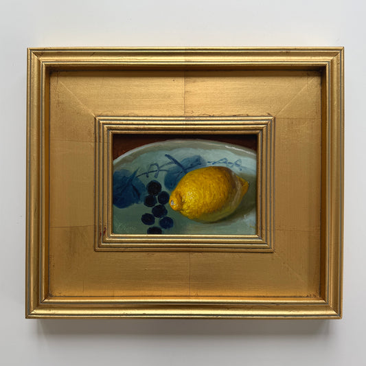 Contemporary Lemon in Blue and White Bowl Still Life Oil Painting in Gold Frame
