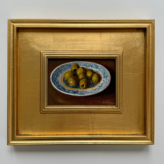 Contemporary Green Olives in Blue and White Bowl Still Life Oil Painting in Gold Frame