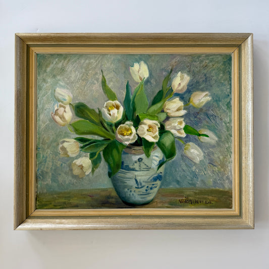 Vintage Naemi Wiede White Tulips in Blue White Chinoiserie Jar Still Life Oil Painting in SIlver and Blue Frame