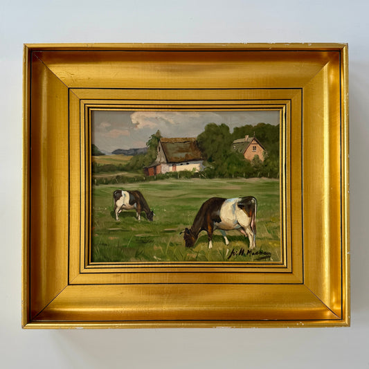 Svend Herluf Madsen Cows Grazing Oil Painting in Gold Frame