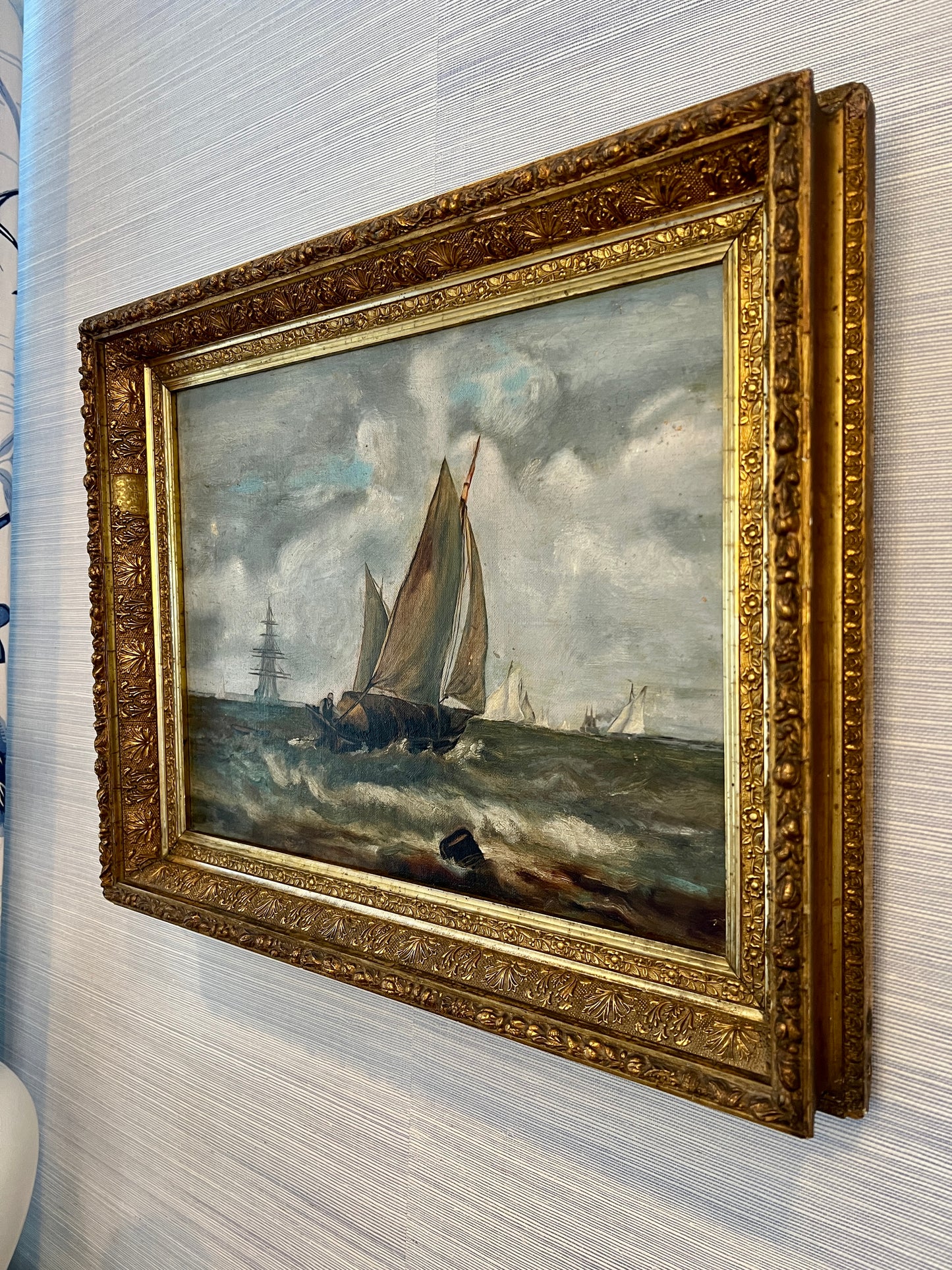 19th century Sailboats in Seascape Oil Painting