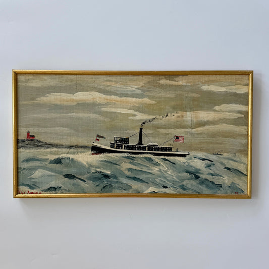 Antique American Folk Cape Cod Tug Boat Azura Portrait Oil Painting in Gold Frame