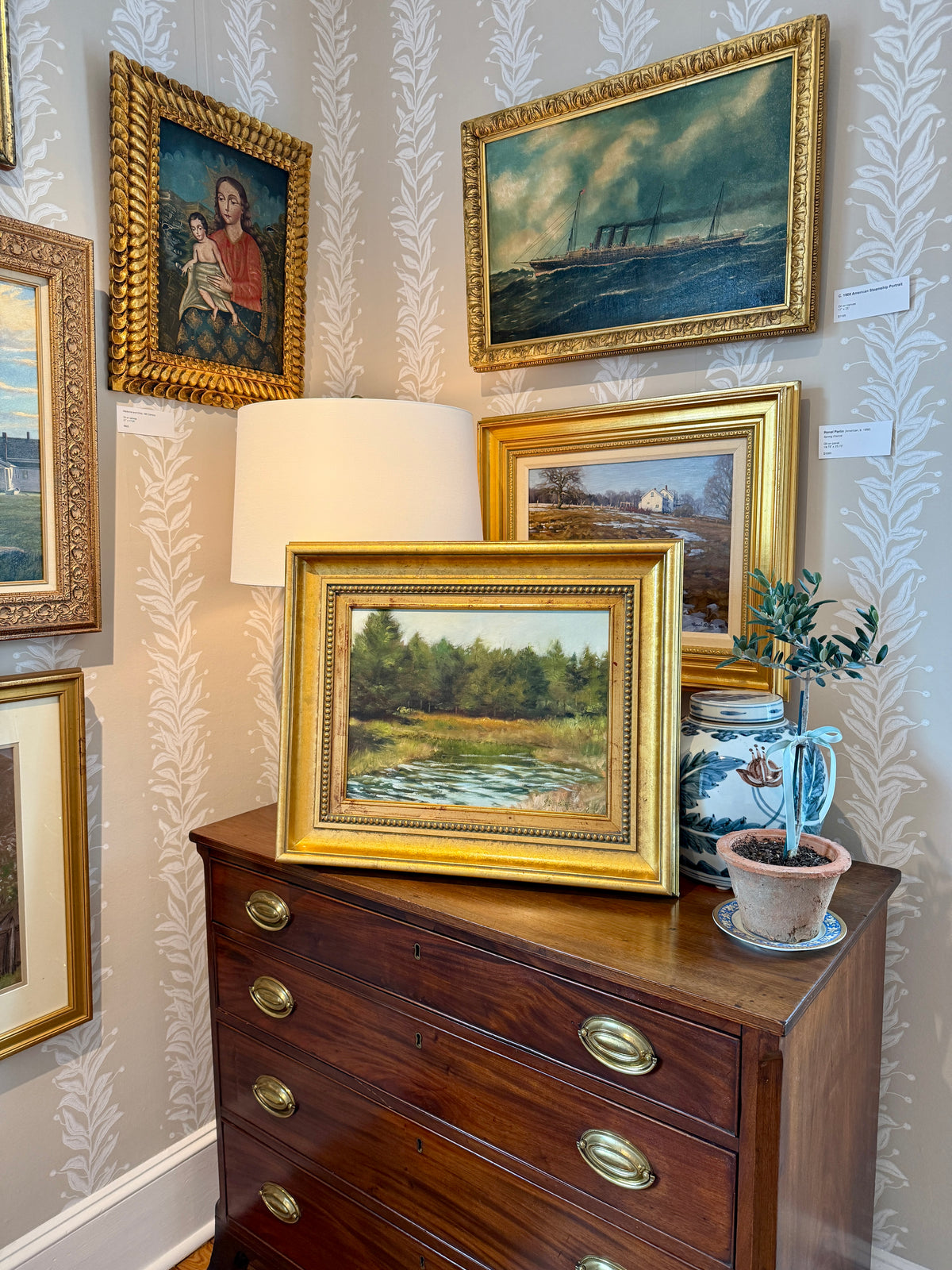 Stan Moeller Inlet at Blue Hill Maine Marsh Landscape Oil Painting in Gold Frame
