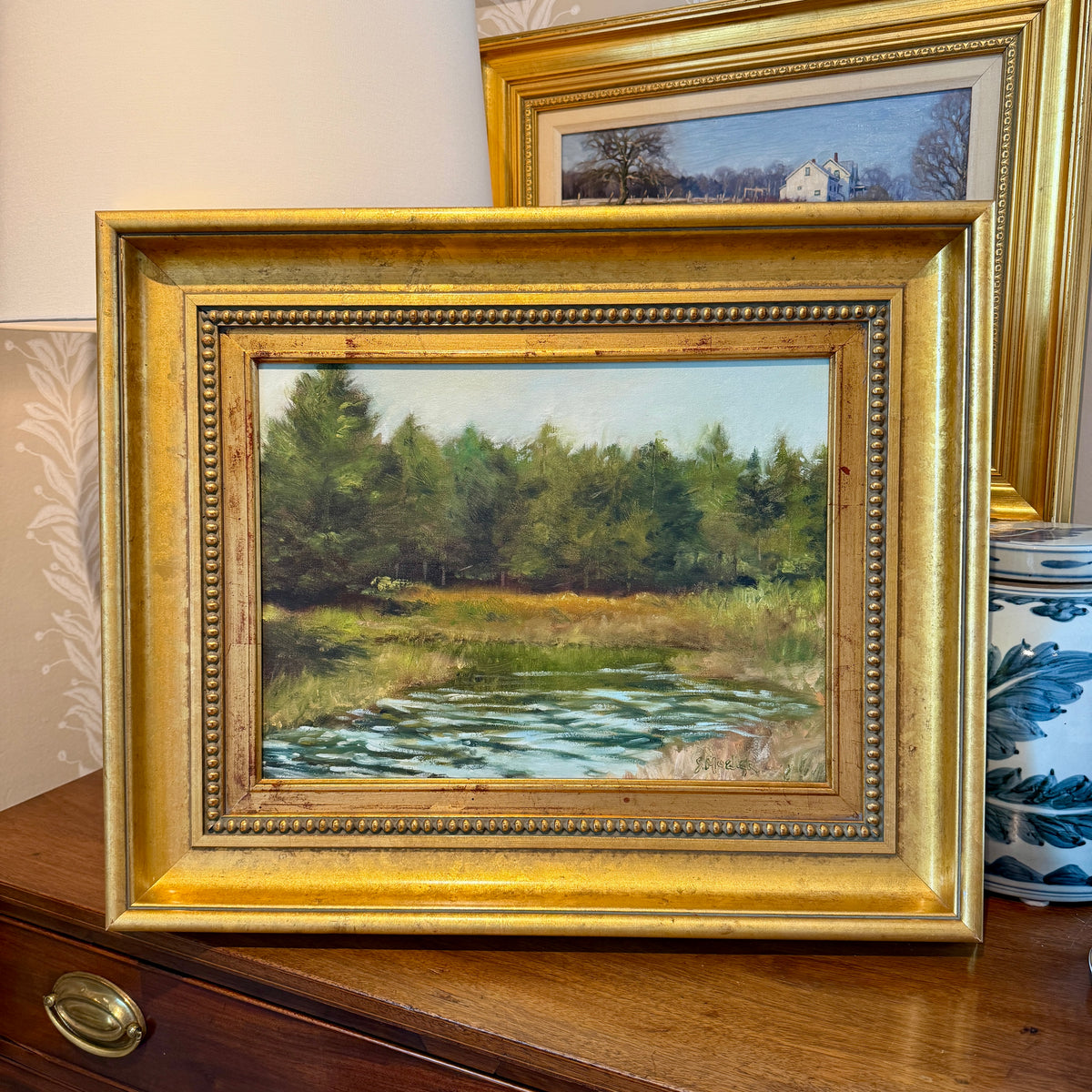 Stan Moeller Inlet at Blue Hill Maine Marsh Landscape Oil Painting in Gold Frame