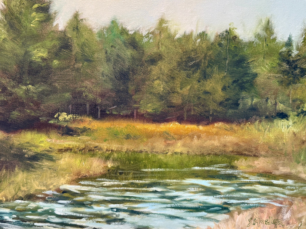 Stan Moeller Inlet at Blue Hill Maine Marsh Landscape Oil Painting in Gold Frame