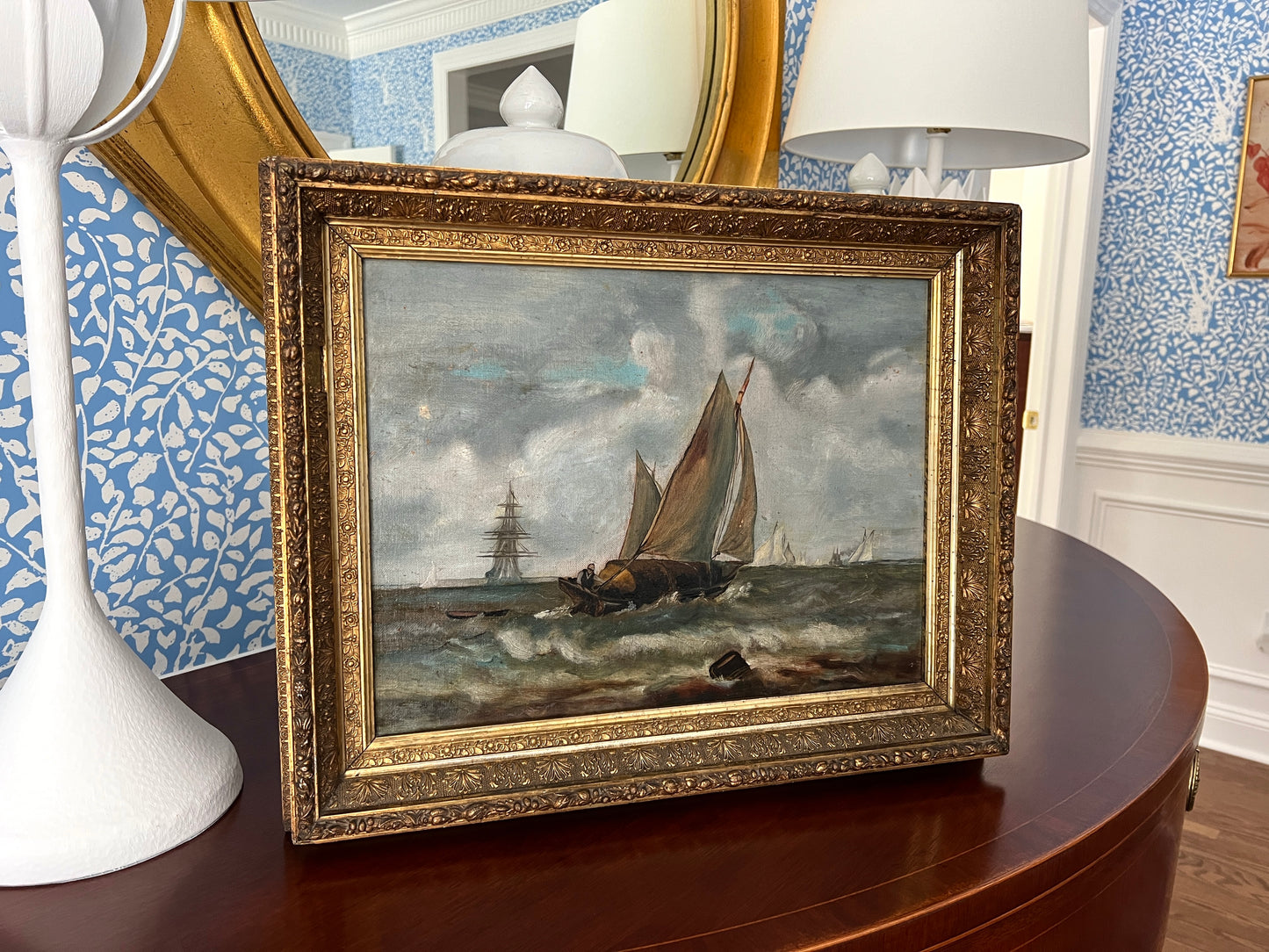 19th century Sailboats in Seascape Oil Painting
