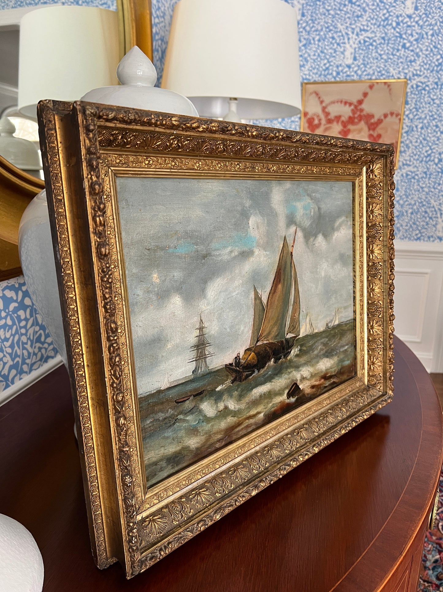 19th century Sailboats in Seascape Oil Painting